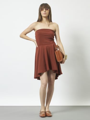 Trend Arrest.ed Women’s Strapless High-Low Dress with Smocked Back | Stretchable Bodycon Fit Short Party Dress (Rust, XL)