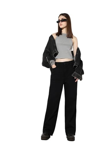 ONLY Women's Solid Straight Fit Mid-Rise Black Jeans