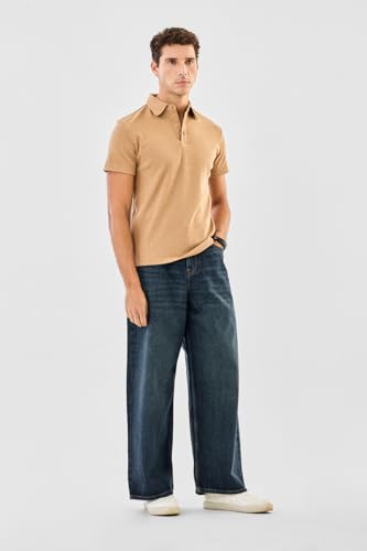 SNITCH Men's Polo T-Shirt | Ribbed Texture & Buttoned Placket | Polyester Blend Fabric, Regular Fit, Casual Wear | Beige