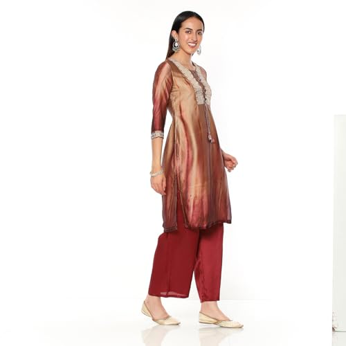 Rangriti Women's Gold Crepe Georgette Straight Printed Kurta Palazzo Suit Set_46
