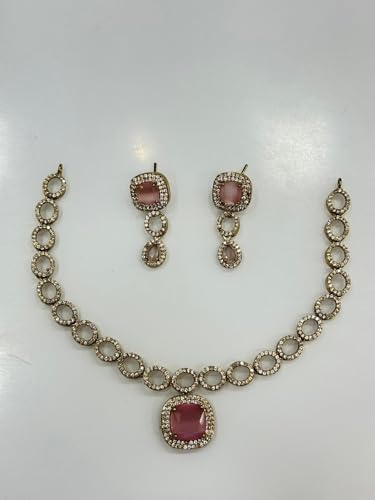 Jewellery Bazaar Rose Pink Gold Plated American Diamond Necklace Earring Jewellery Set for Women Party Bridal Wear