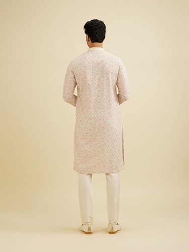 Manyavar Men's Cotton Blend Digital Print|Embroidery Kurta Set (Pink,S)