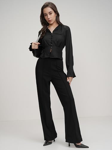 Tokyo Talkies Women Flared Fit High-Rise Parallel Trousers Black