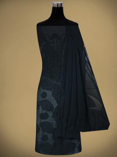Ada Hand Embroidered Lucknowi Chikankari Unstitched Georgette Dress Material Suit Piece with Dupatta for Women 01A834692 Black