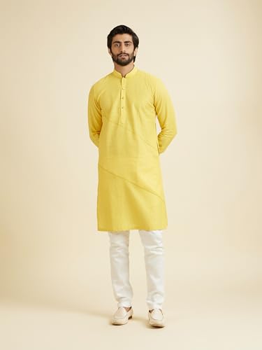 Manyavar Men's Pure Linen Solid Long Kurta(Yellow,L)