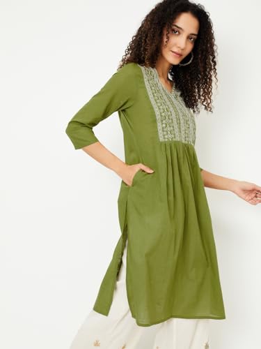 Max Women Cotton Blend Regular Fit Kurta (PFEKSP25KE_Green, Large)