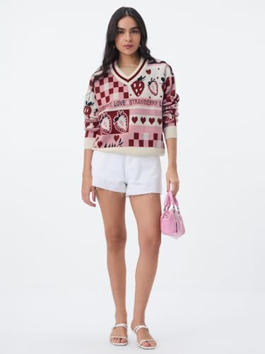 The Souled Store: Berry Love Women and Girls Full Sleeves V-Neck Pink and Red Printed Acrylic Lightweight Casual Pullover Oversized Sweater