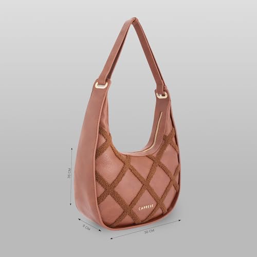 Caprese Athena Medium Hobo Bag for Women | Stylish Shoulder Bag with Plush Chenille Embroidery with Secure Zip Closure | Multi-Compartment Designer Handbag for Work & Travel (Tan)