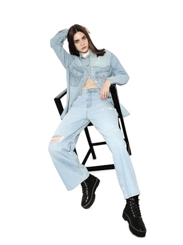 ONLY Women's Solid Wide Leg Mid-Rise Blue Jeans