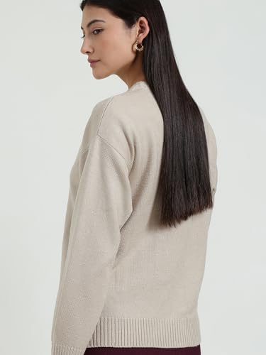 FableStreet Women Pullover Sweater | Loose Fit Round Neck Solid Design | Soft Acrylic Fabric & Ribbed Hemline for Autumn-Winter Casual & Everyday Wear Beige