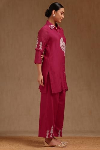 Soch Womens Fuchsia Chanderi Embroidered Co-Ord Set