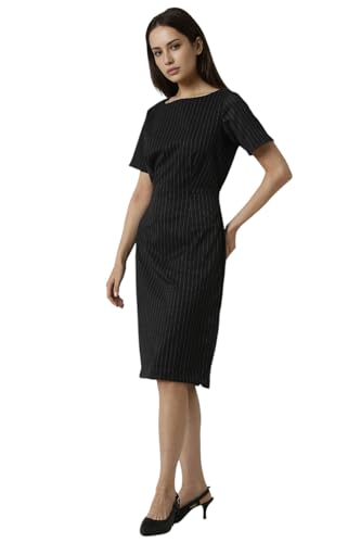 Women Black Stripe Knee Length Formal Dress