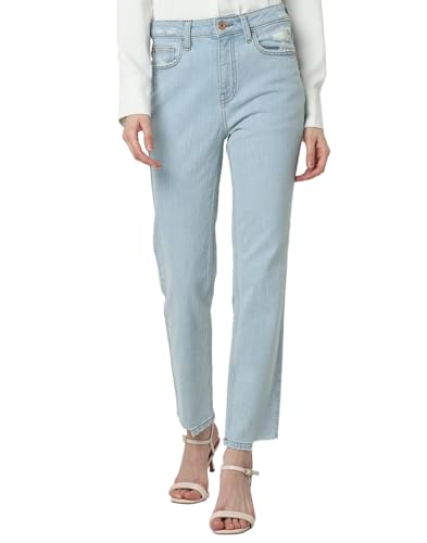 VERO MODA Women Solid Light Blue Cotton Straight Fit High Rise Ankle Length Jeans