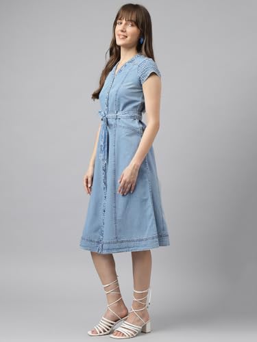 Latin Quarters Women Blue Cap Sleeve Casual Solid Dress_L