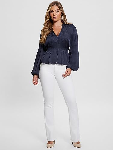 GUESS Women Navy Blue Embroidered V-Neck Full Sleeves Peplum Top