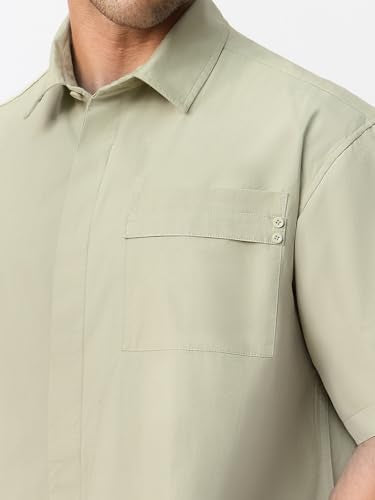 The Souled Store Oversized Shirt: Neptune Men and Boys Short Sleeve Spread Collar Light Green Solid Cotton Lightweight Drop Shoulder Streetwear Trendy Casual Oversized Shirt