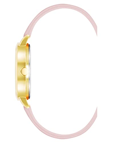 Nine West Women's Analog Watch, Light Pink Saffiano Faux Leather Strap, Vegan Leather Strap, Limited Movement, Second Hand Feature, Silver-Tone Dial with Floral Design