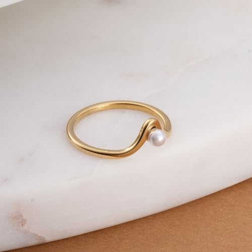 PALMONAS Delicate Vee Pearl Ring for Womens (Size- 6) - Waterproof & Anti-Tarnish, Gift for Girls & Women