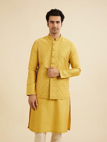 Manyavar Men's Viscose Blend Buta Patterned Kurta Jacket Set (Mustard,L)