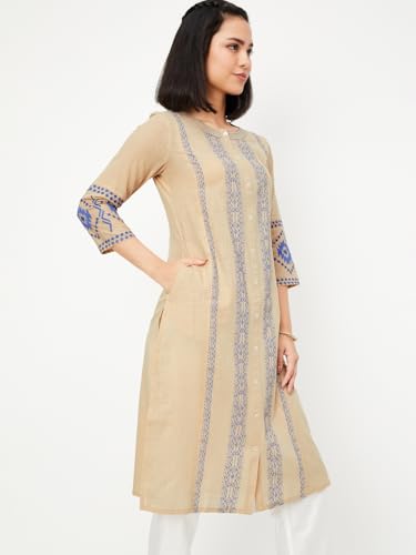 Max Women's Cotton Regular Fit Kurta (PFWWSP25DI_Beige, Medium