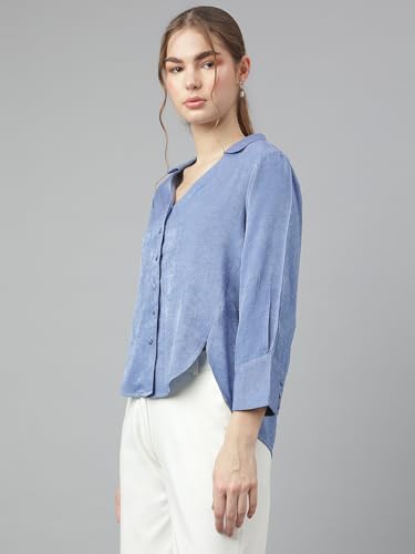 Latin Quarters Women Blue 3/4 Sleeve Spread Collar Solid Shirt_XL