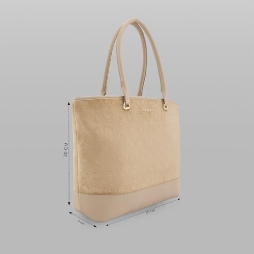 Caprese Katherine Large Monogram Velvet Laptop Tote for Women | Premium Multi-Compartment Office Handbag with Padded Tech Sleeve | Shoulder Bag for 15.6" Laptop for Work & Travel (Alpine Oat)