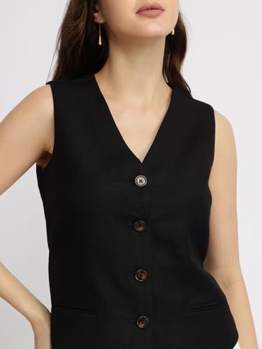 FableStreet Women Formal Waistcoat | Relaxed Fit V-Neck Sleeveless Checked Pattern | Breathable Cotton & Smooth Polyester Lining for Office Meetings & Workwear | Black