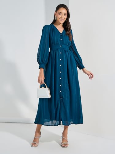 Styli Women's Polyester A-Line Maxi Casual Dress (7007468734_Teal