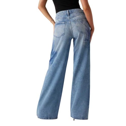 GUESS Women's Blue Printed Mid-Rise Wide Leg Jeans