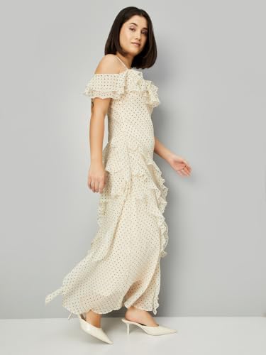 Max Women's Polyester A-Line Midi Dress (DTI3709_Ecru