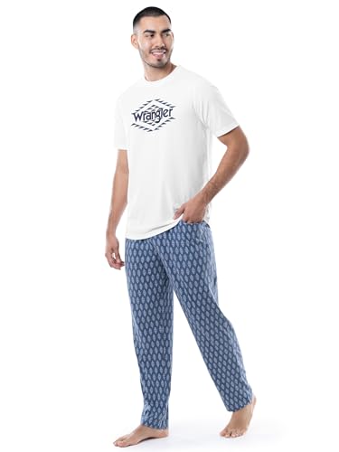Wrangler Men's Jersey Top and Micro-sanded Pants Pajama Sleep Set, White/Blue, Large