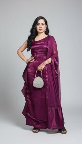 Plus Size Evening Gown, Plum Purple Organza Silk Dress with Sheer Dupatta