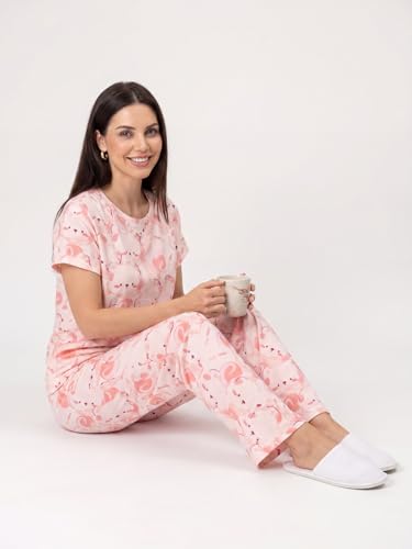 Sweet Dreams Women's Adorable Cartoon Bear Pajama Set, Short Sleeve T-Shirt and Long Pyjama Loungewear, All-Over Cute Character Print, Soft & Stretchy Fabric with Pocket, Two-Piece Sleepwear for Home
