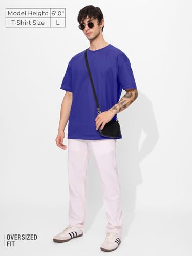 The Souled Store Solids: Electric Blue Men and Boys Short Sleeves Round Neck Cotton Oversized T-Shirts