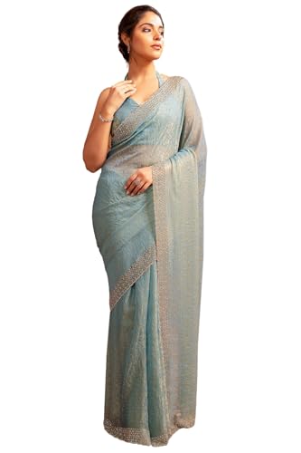 Soch Womens Powder Blue Georgette Floral Print Saree With Stone Work