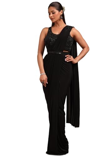 Soch Womens Black Nylon Blend Solid Ready To Wear Saree With Beads And Stones