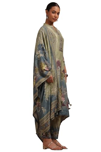 Soch Womens Olive Muslin Floral Print Suit Set With Beads