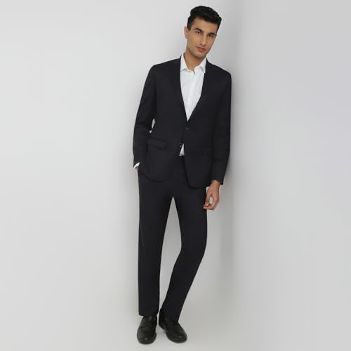 Raymond Men Contemporary Fit Solid Pattern Poly Viscose Blend Notch Lapel Full Sleeve Formal Suit Blue