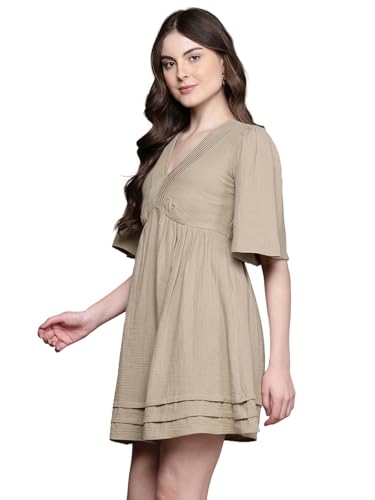 Label RITU KUMAR V Neck Solid Short Dress Olive