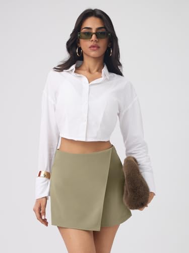 The Souled Store Twill Skorts: Hunter Green Women Flat Front Waistband Solid Polyester Twill Regular Fit High Rise Wrap Front Everyday Skorts