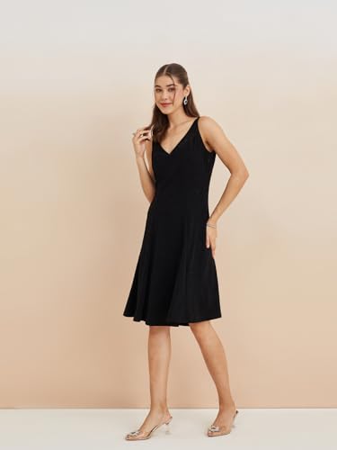 Latin Quarters Women's Black V-Neck Sleeveless Solid Party Fit & Flare Dress_XL