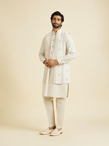 Manyavar Men's Linen Blend Mirror Work Kurta Jacket Churidar Set(Natural,M)