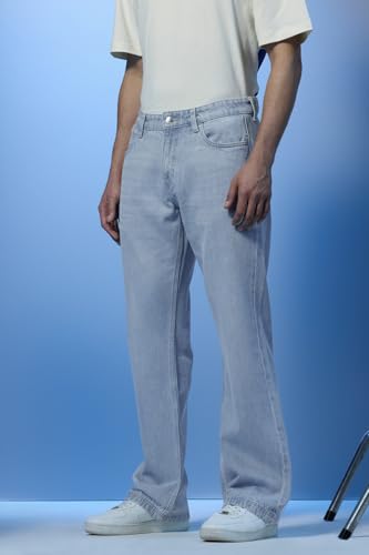 SNITCH Stars Within Men Casual Jeans | Light-Washed Bootcut Design with Turned-Up Hem & Relaxed Thigh | 100% Cotton Smooth Texture for Summer Comfort & Vintage Style |Light Blue