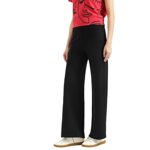 United Colors of Benetton Solid Centre Pin Tuck Pull Up Pants (Size: L)-25A3PUWDLG24I100 Black