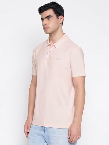 GUESS Small Script Dolly Pink Solid Polo Collar Regular Fit T-Shirt