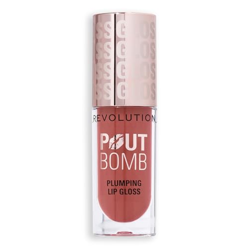 Revolution Beauty, Pout Bomb Plumping Lip Gloss, High-Shine for Glossy, Fuller & Plump Lips with Hyaluronic Acid & Peptides, Vegan & Cruelty-Free (Melba Warm Peach, 4.6ml)