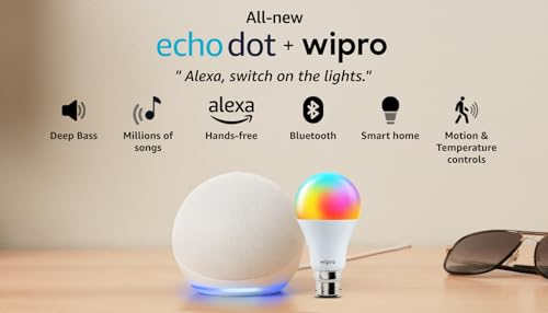 Amazon Echo Dot (5th Gen, White) Smart Home Combo with Wipro 12W LED Smart Color Bulb