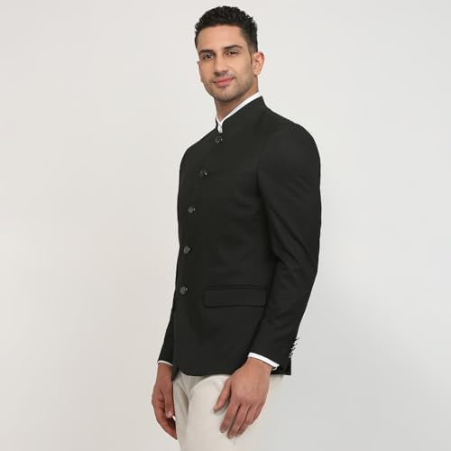 Raymond Men Regular Fit Solid Pattern Poly Viscose Blend Stand Collar Full Sleeve Ceremonial Jacket (Size: 38)-RIJI00130 Black