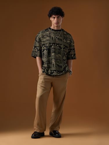 The Souled Store Nomad: Gilgamesh Men and Boys Short Sleeves Round Neck Black Mythological All Over Print Casual Drop Shoulder Cotton Super Oversized T-Shirt