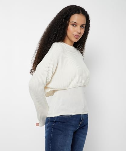 Max Women Ribbed Layered Sweater(White_XXL)